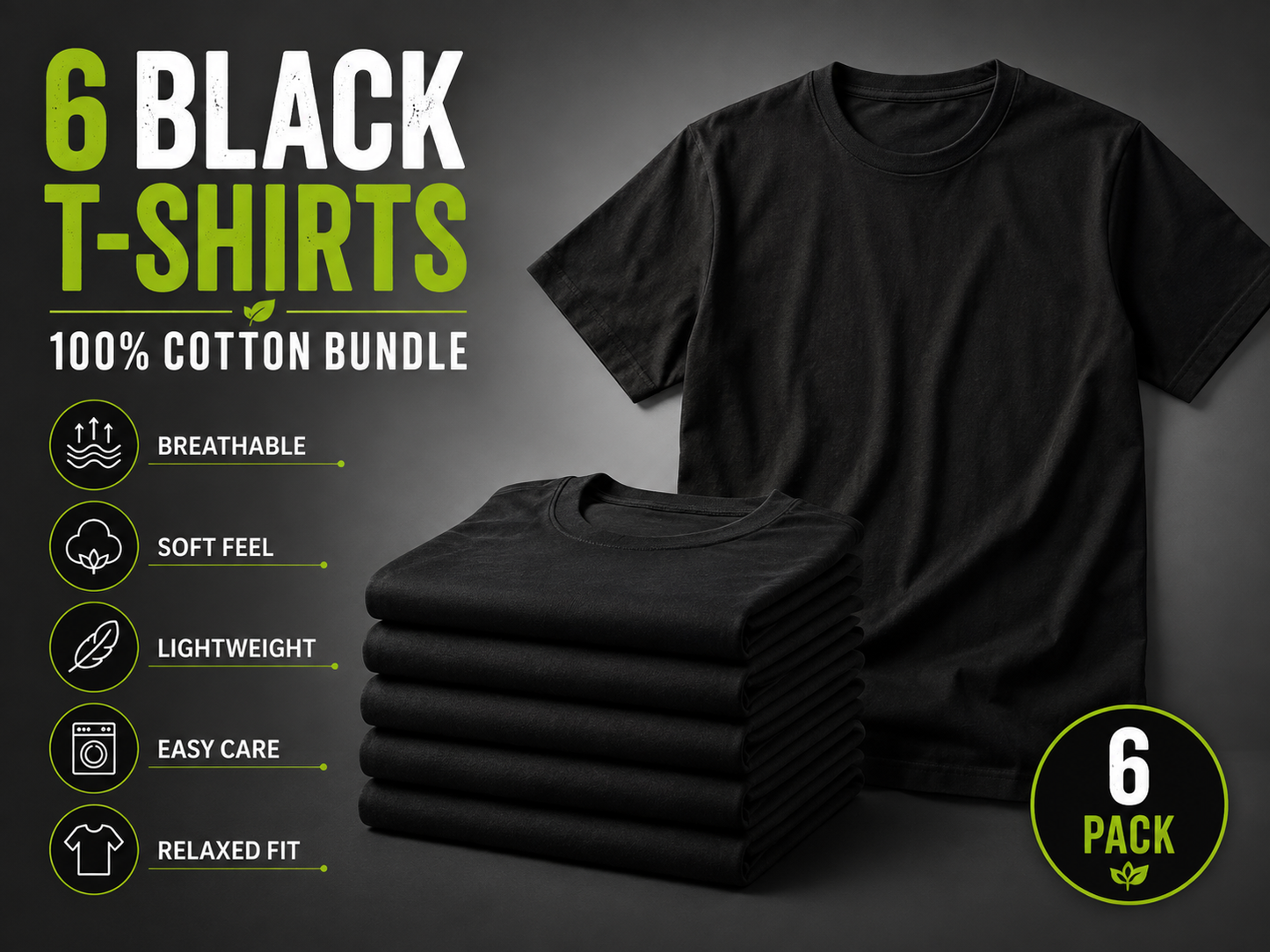 ALBK 6-Pack Premium 100% Cotton Black T-Shirts | Garden, Work & Everyday Wear