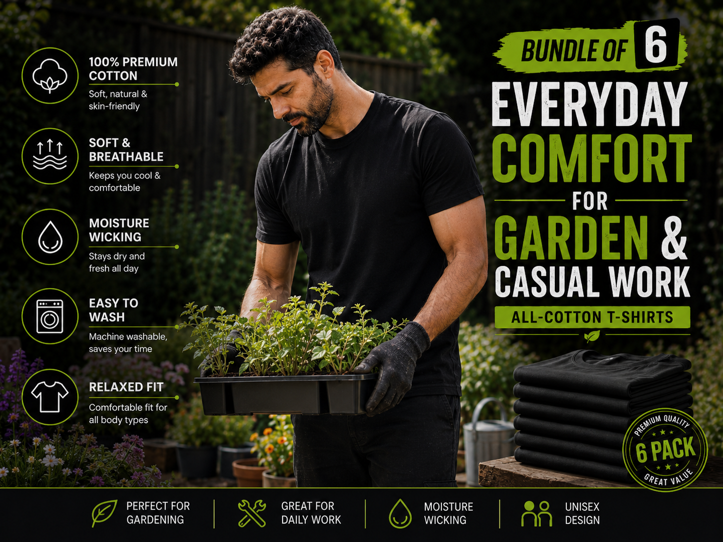 ALBK 6-Pack Premium 100% Cotton Black T-Shirts | Garden, Work & Everyday Wear