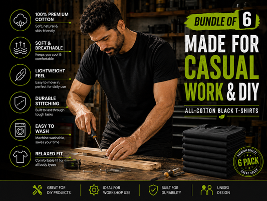 ALBK 6-Pack Premium 100% Cotton Black T-Shirts | Garden, Work & Everyday Wear